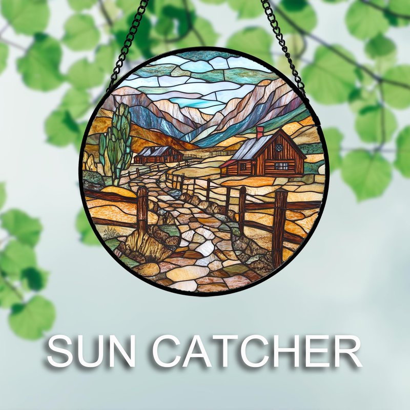 QZQCBLC Stained Glass Window Hanging Mountain Ranch Rural Life 7.8" - Cactus Suncatcher Door Terrace Garden Sun Catcher Home Decor Birthday Christmas for Mom Men Woman Friend