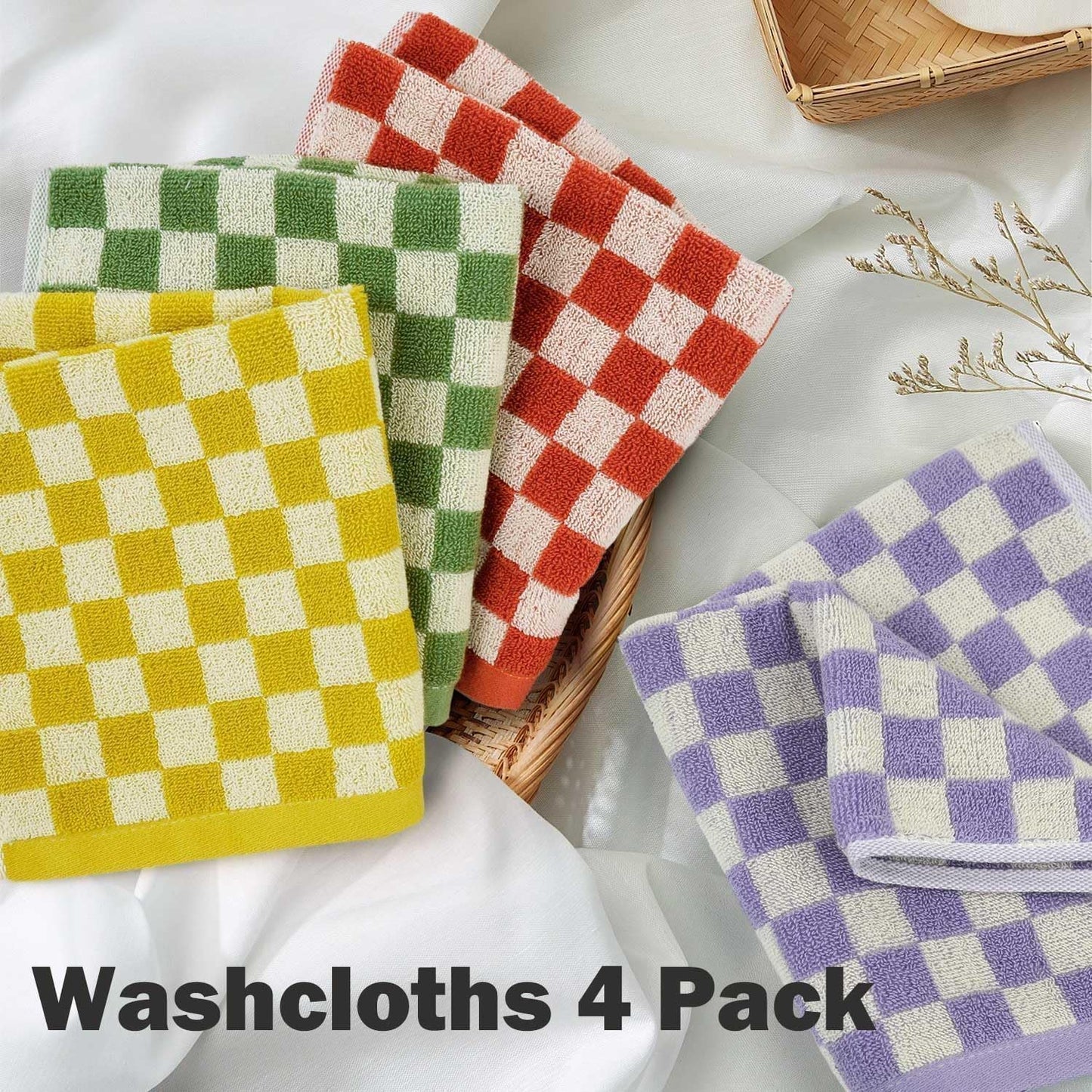 Jacquotha Wash Cloths Checkered 4 Pack 4 Colors - Cotton Washcloths for Face Body, 13 x 13 Inches Daily Cleansing Kitchen Towels