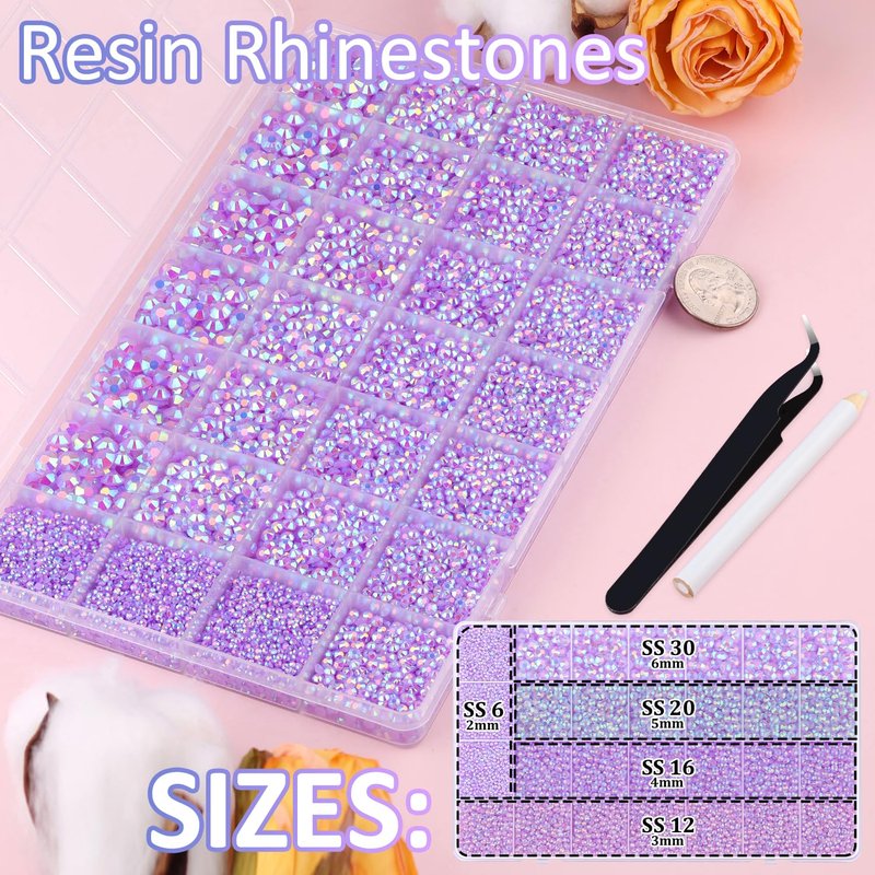 30000Pcs Resin Rhinestones for Bedazzling with Tweezers, Lavender Purple AB Rhinestones for Crafting with 3Pcs 10ml B7000 Jewelry Glue for DIY Crafts Clothing Tumblers Shoes Fabric Nail Art