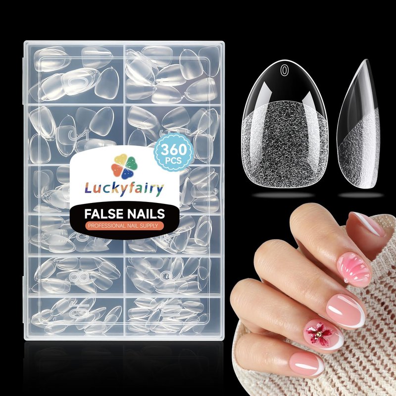 Almond Nail Tips - 360pcs Soft Gel Pre-Shaped Acrylic XS Fake Nails | Half Matte Full Cover Clear Press-On Tips for Home DIY Manicure