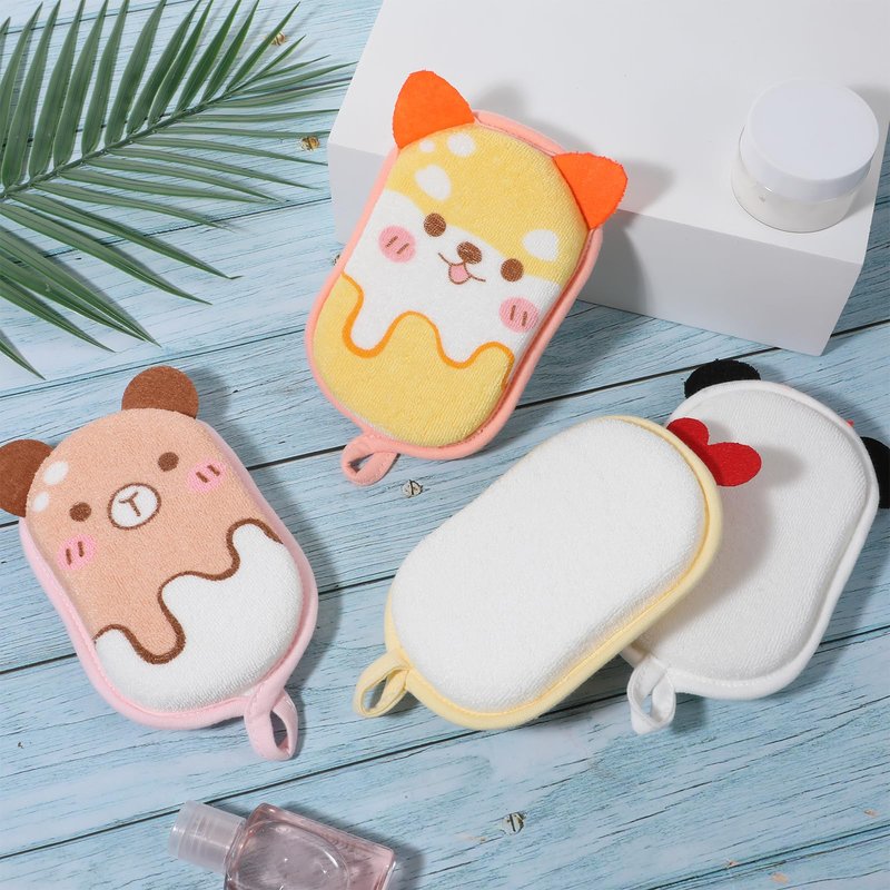 Cartoon Animal Style Baby Sponges, 4 Pcs Kids Bath Sponge, Bath Loofah Sponge, Soft and Absorbent Exfoliating Body Scrubber for Shower Washing Exfoliating Kids Baby Women Boys and Girl