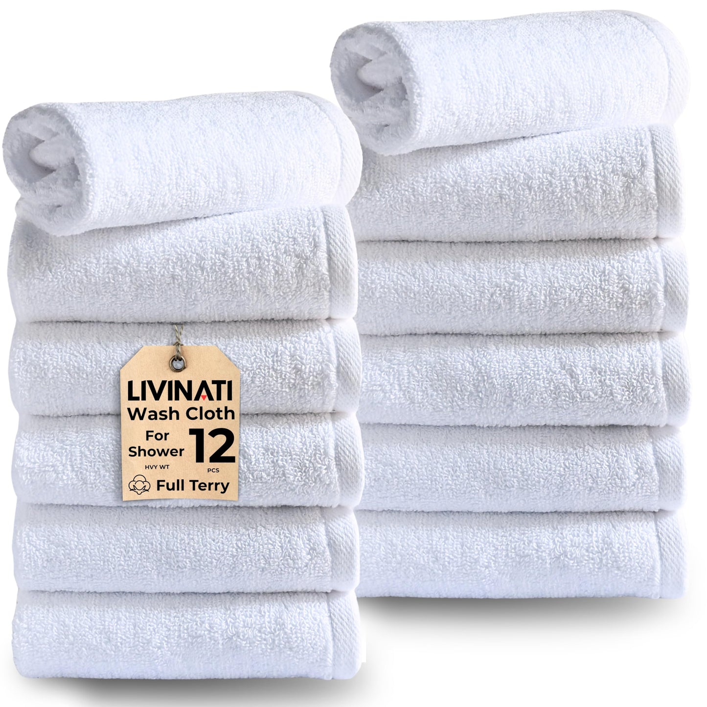 LIVINATI Thick White 100% Cotton Wash Cloths for Showering Body and Face - 12"X12" 12 Pack Washcloths - Small Terry Towel Bath Rags for Adults and Kids Bathroom - Soft Absorbent