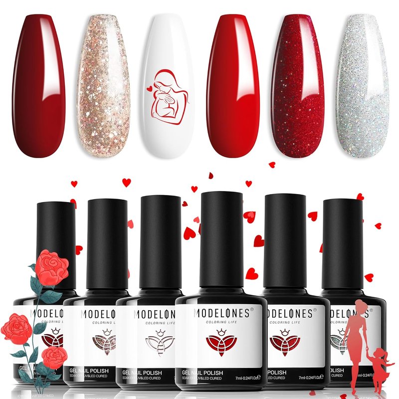 Modelones Red Gel Nail Polish Set - 6 Colors for DIY Nail Art | Glitter & Sparkle Shades for Women