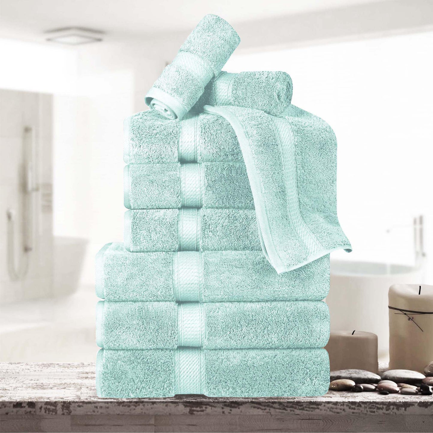 Superior Egyptian Cotton Pile 9 Piece Towel Set, Includes 3 Bath, 3 Hand, 3 Face Towels/Washcloths, Ultra Soft Luxury Towels, Thick Plush Essentials, Guest Bath, Spa, Hotel Bathroom, Sea Foam