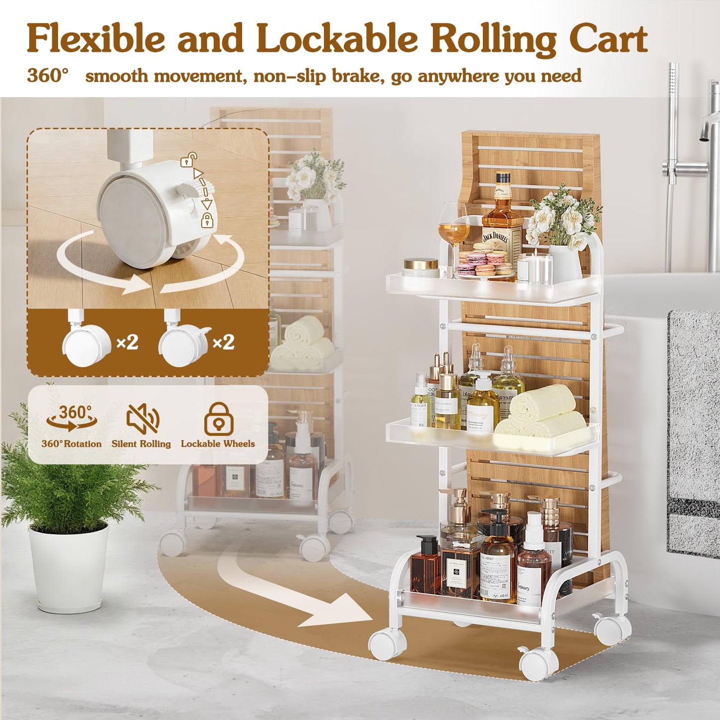 Bathroom Cart with Bathtub Tray Holder, Bathroom Organizers and Storage, Small Slim Shelf Organizer with Bath Tub Caddy Rack, 3 Tier Narrow Skinny Acrylic Rolling Cart for Laundry Room Living Room