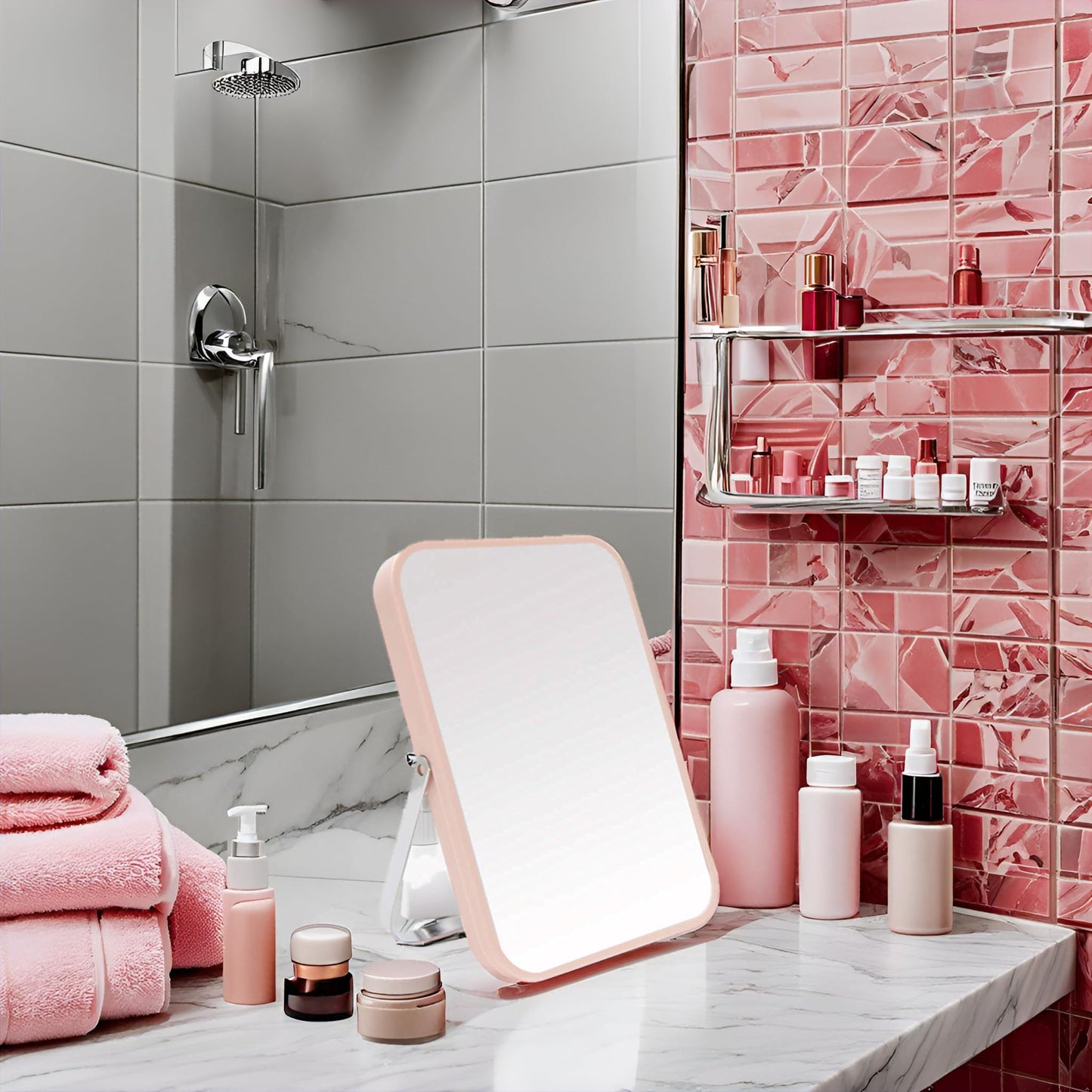 YEAKE Table Desk Vanity Makeup Mirror,8-Inch Portable Folding Mirror with Metal Stand 90°Adjustable Rotation Tavel Make Up Mirror Hanging Bathroom for Shower Shaving(Pink)