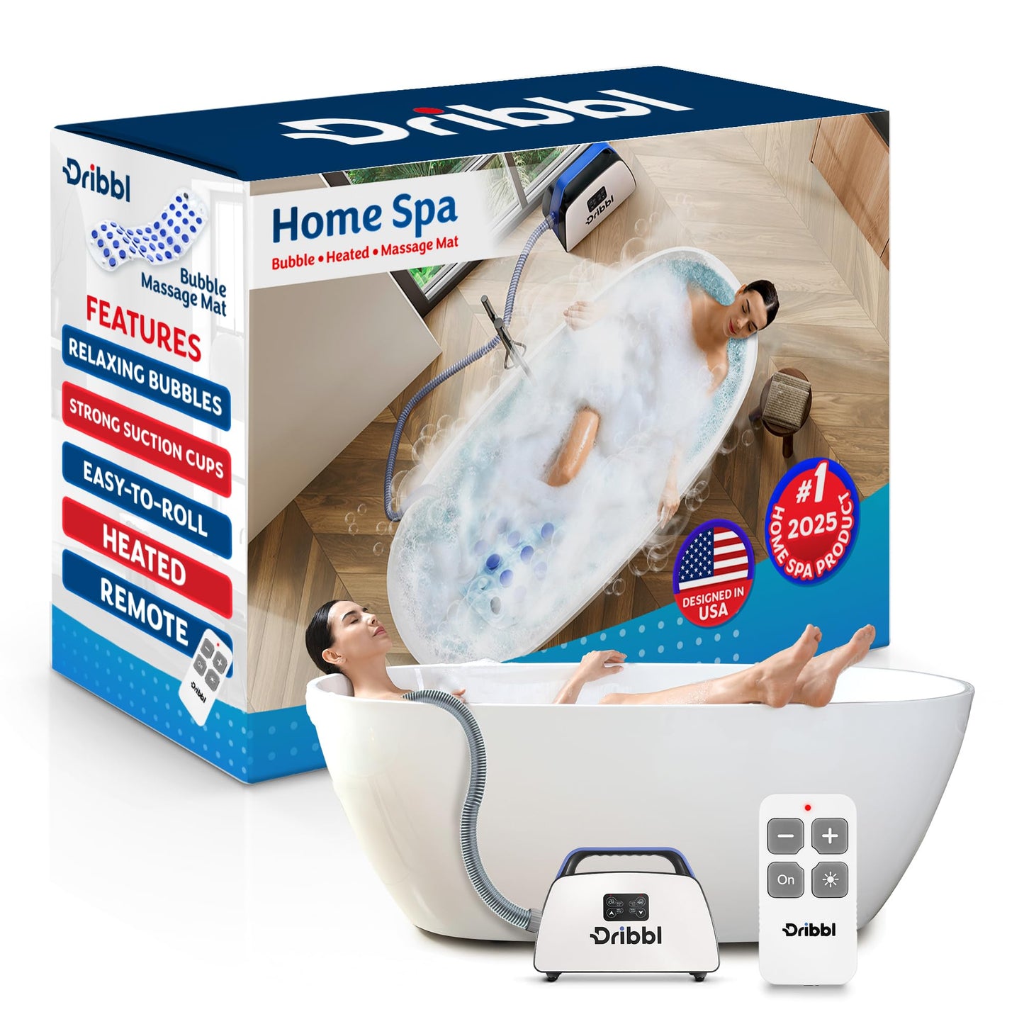 Dribbl Electric Bubble Massage Bathtub Mat – Non-Slip Full-Body Waterproof Hot Tub Spa Mat for Bath with Heater, Motorized Air Pump, and Remote Control, 6-Speed Adjustable Massage, Blue