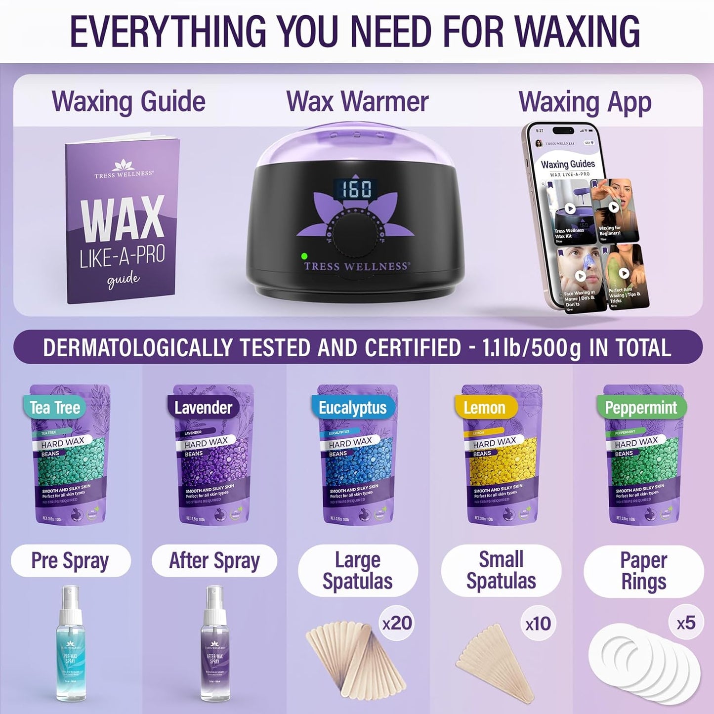 Tress Wellness Waxing Kit - Sensitive Skin Formula for Face & Body | Easy At-Home Use, Digital Display, Black Purple Flower