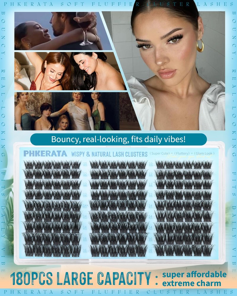 PHKERATA Fluffy Lash Clusters Wispy Eyelash Clusters Natural C Curl Cluster Eyelash Extensions Volume Individual Lashes DIY Eyelash Extension with Soft Thin Band, 10-16mm
