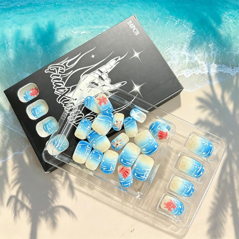 Skiennix Beach Press-On Nails - Short Square Blue Wave Glitter Design | 24 Pcs Reusable Summer Nails