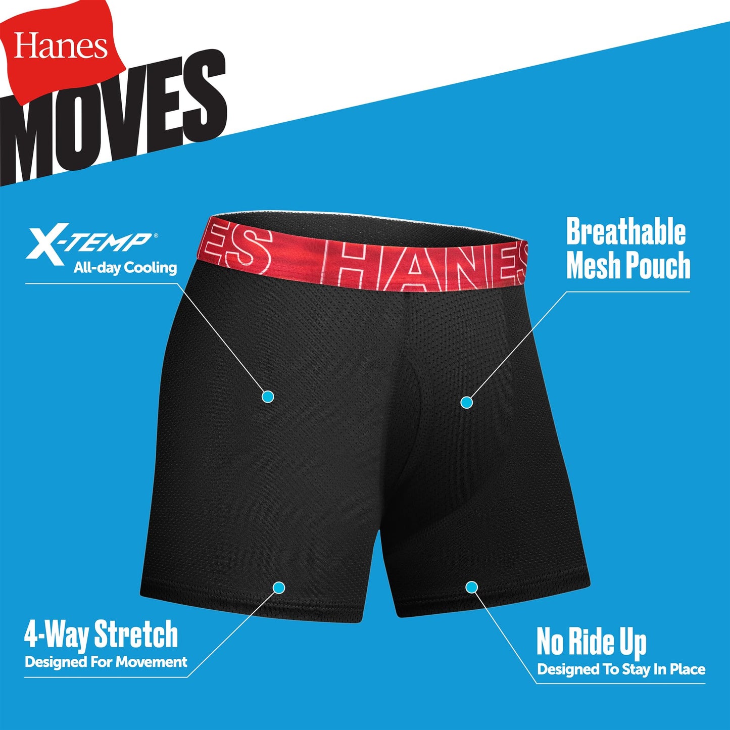 Hanes Boy's Moves Breathable Mesh Boxer Brief Underwear, X-Temp, Moisture-Wicking Boxer Briefs for Boys, 6-Pack