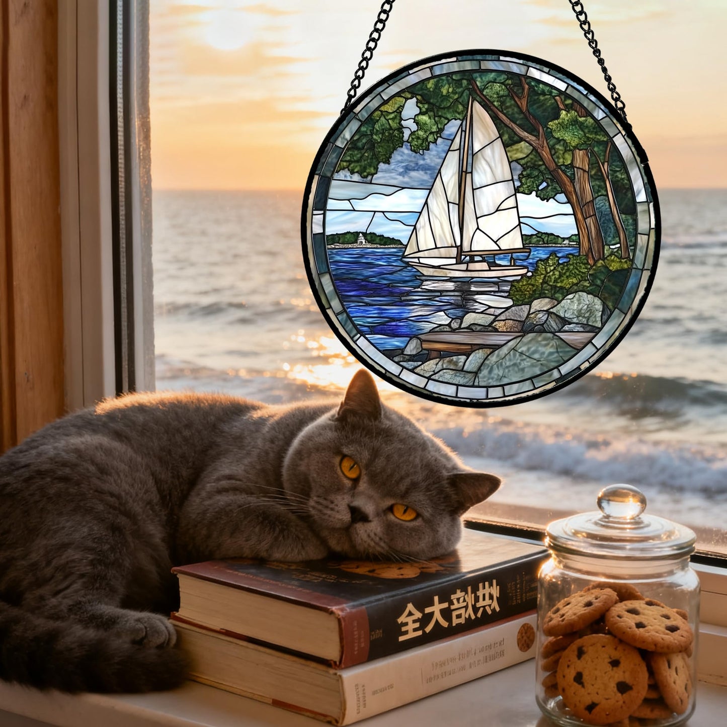 QZQCBLC Stained Glass Window Hanging Blue Ocean White Sailboat 7.8" - Nature Suncatcher Door Garden Sun Catcher Home Decor Birthday Christmas for Woman Mom Men Friend Nana