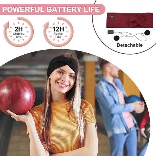BULYPAZY 2-Pack Headband Headphones with Thin HD Speakers, Bluetooth Headband for Women, Stylish Knotted Headband, Comfortable Headband for Workout, Running, Yoga, Travel, Meditation - Red&Black