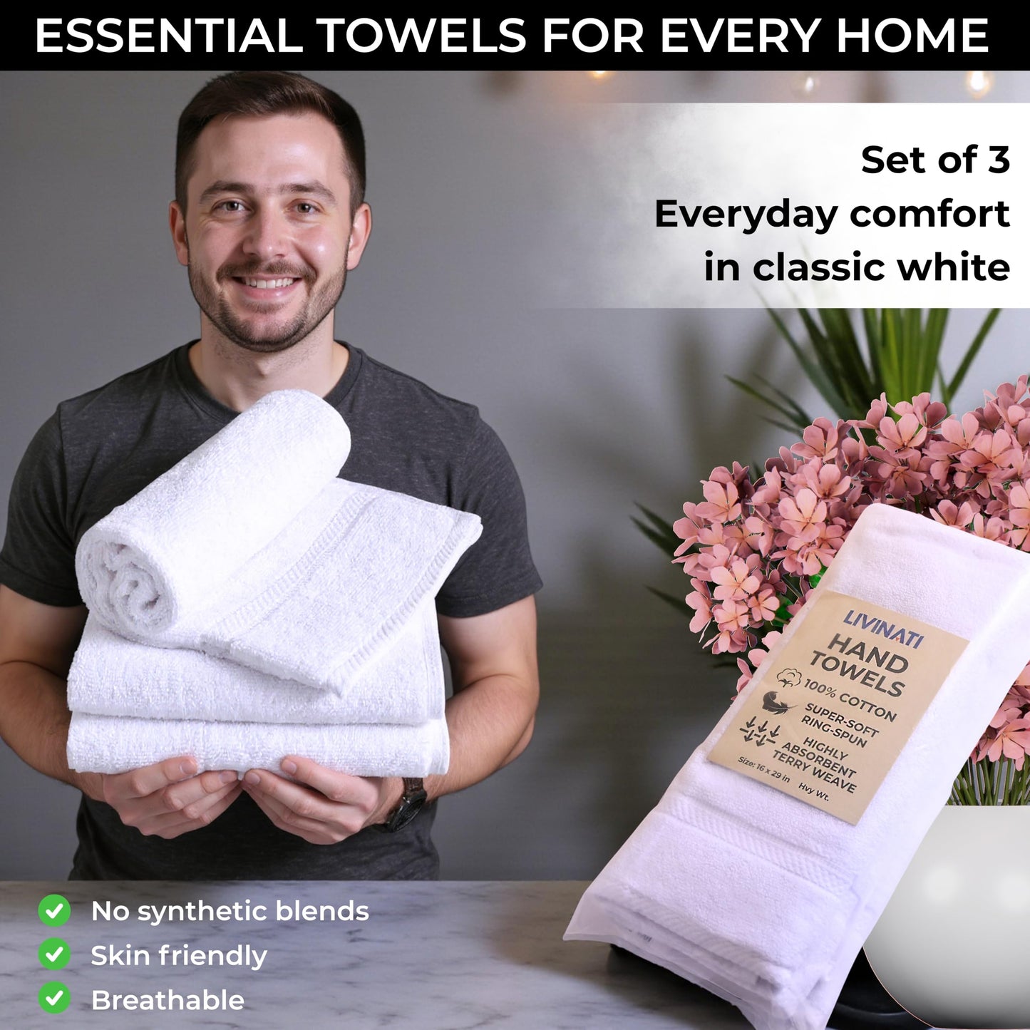 White 100% Cotton Bath Hand Towels for Bathroom - Thick Luxury Soft Plush Fluffy Bulk Hotel Towels 3 Pack - Toallas De Mano para Baño - Size 16"X29" Medium Large Size Face Spa Handtowels Towles