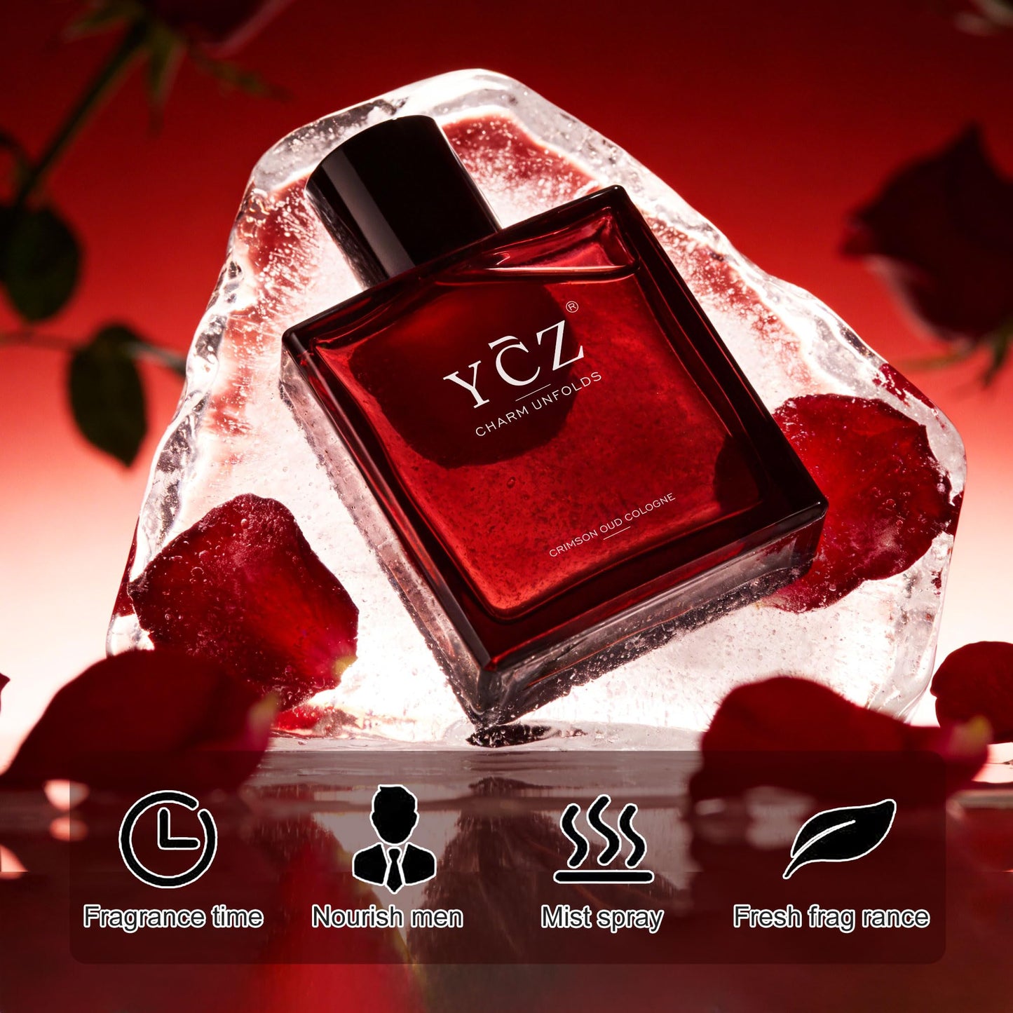 Ycz CRIMSON OUD Cologne for Men - Eau De Parfum - 1.7oz Long-Lasting Unique Oriental Woody Perfume with Rose, Raspberry, Papyrus & Amber, Ideal for Everyday Use and Special Occasions