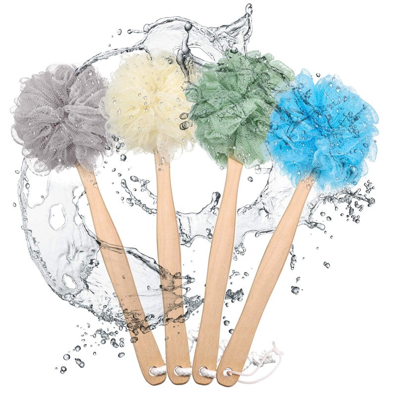 4 Pieces Loofah Back Scrubber Bath Sponge with Wooden Handle Long Handle Sponge Mesh on a Stick for Shower Exfoliating Bath Body Brush Luffa Back Brush for Women Men