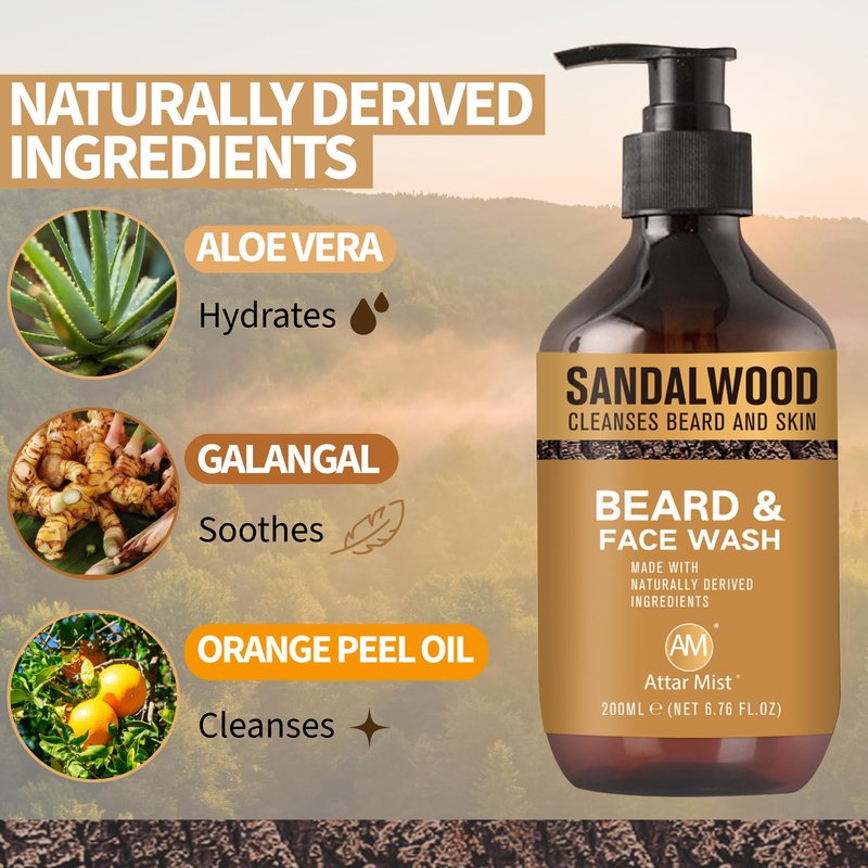 AM Beard & Face Wash - Sandalwood Scented - Gently Cleanses, Stops Itching & Flaking, Hydrates Dry Flaky Skin Under Beard - Naturally Derived Aloe Vera, Galangal, & Orange Peel - 6.76 fl oz