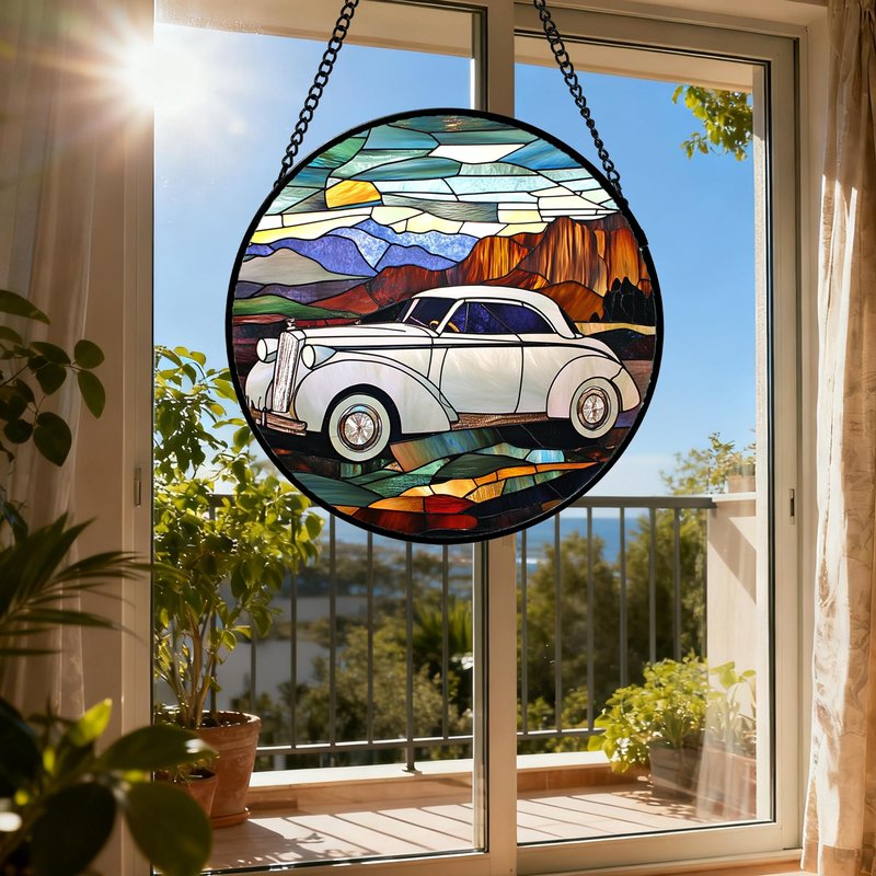 QZQCBLC Stained Glass Window Hanging Retro Desert Car Landscape 6.3" - White Suncatcher Door Terrace Garden Home Decor Birthday Christmas for Mom Men Woman Friend Nana Wife