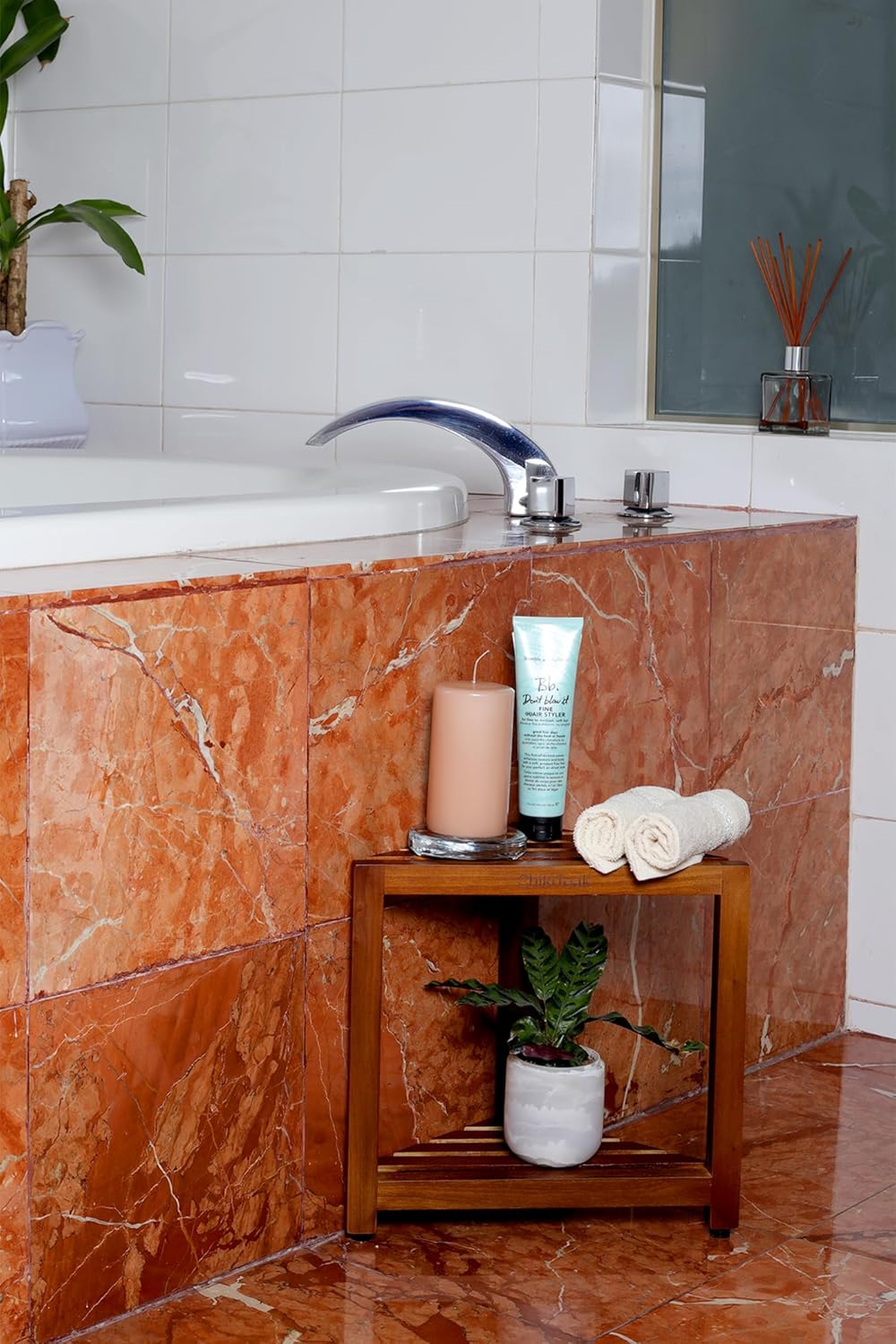 Teak Corner Shower Stool - Waterproof & Stable Shower Bench with Storage Shelf | 12” Height