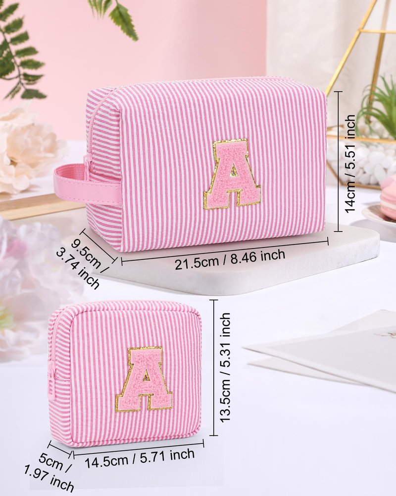 MONSTINA Preppy Chenille Makeup Bag|Personalized Initial Bags with Zipper,Cute Makeup Pouch Stripe Cosmetic Bag,Birthday Gift for Daughter|Preppy Things for Girls,2PCS Pink Q