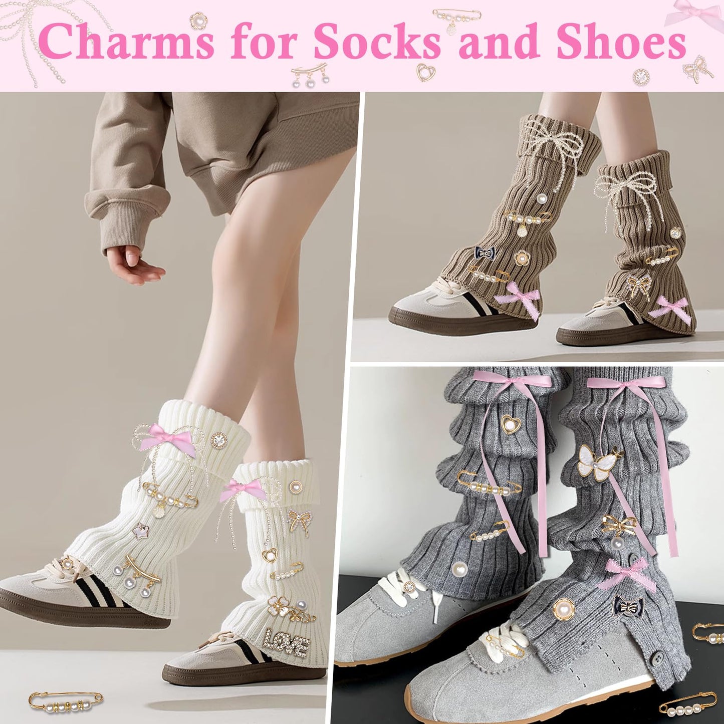 yuboo 39pcs Shoe Charms for Sneakers- Junk Socks Charms Kit Contain Brooches/Pink Bows/Clips/Jewelry, Pearl Charm Accessories for Girls/Women/Mom Clothes Bag Hat
