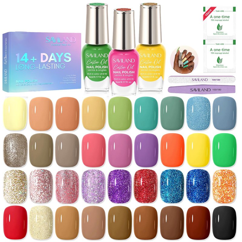 SAVILAND 36 Colors Nail Polish Set Quick Dry: Brown Black Glitter Locked X Tech Regular Pastel Nail Polish Kit Fingernail Polish with Top Base Polish Coat 39 Pcs Home Salon Travel Set