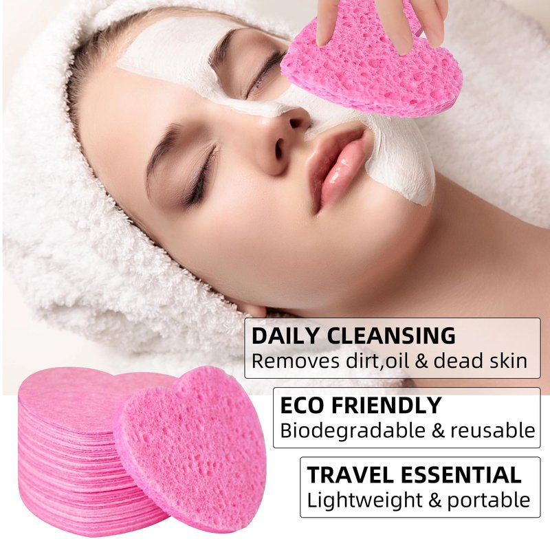 Silkyhose Women 120-Count Compressed Cellulose Heart Shape Face Facial Sponges 100% Natural Cosmetic Sponges for Facial Cleansing Exfoliating Mask Skin Massage (（Pink） 120 Count)