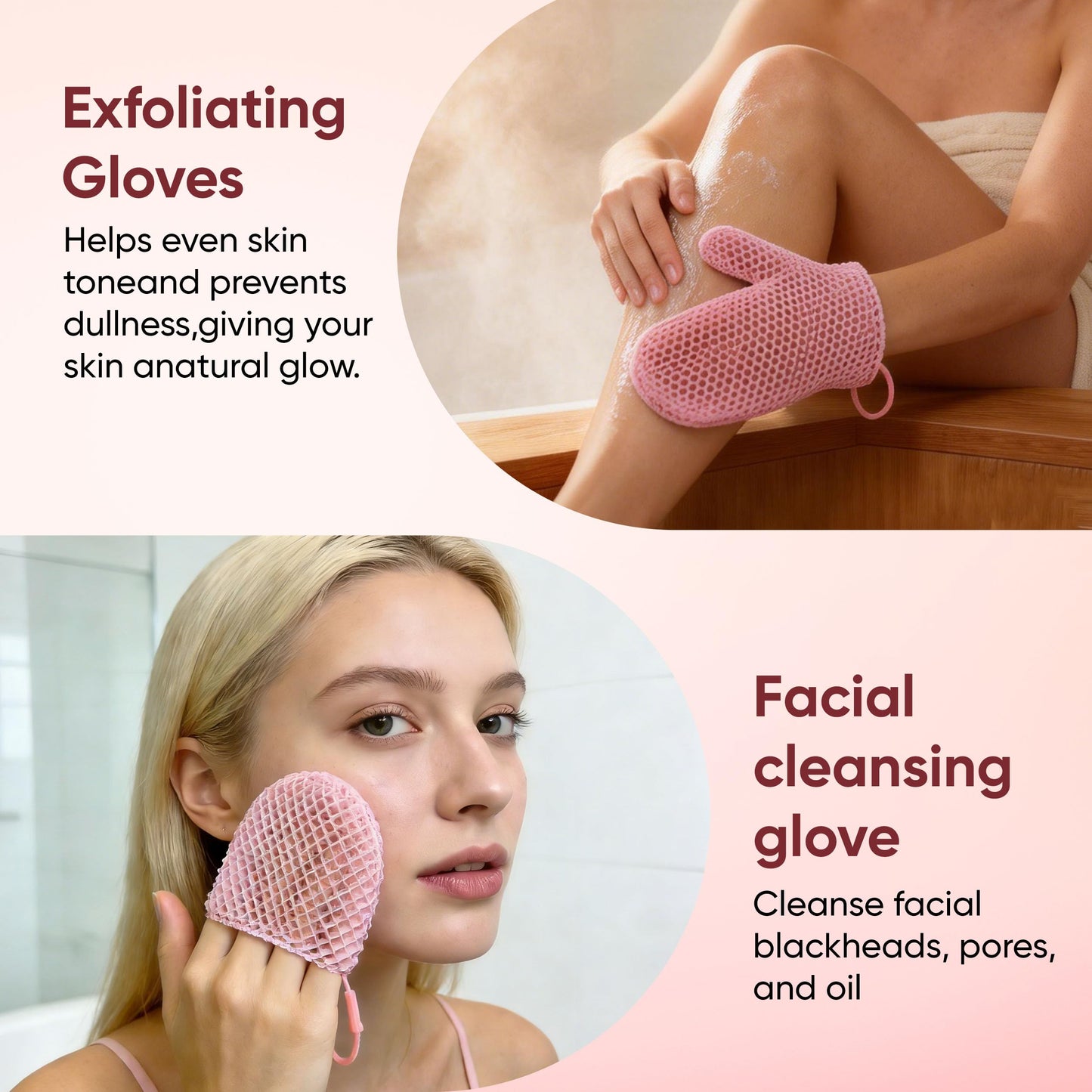 Veinvify 2 Pcs Honeycomb Exfoliating Mitten Set Bath Mitt Honeycomb Face and Body Scrubber Shower Glove for Cleaning Body Shower Face Skin Beauty Spa Quick Drying Pink
