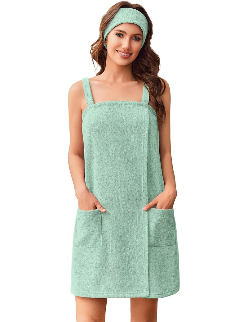 Ekouaer Towel Robe for Women Spa Bath Wrap Lightweight Towel Wrap with Pockets Adjustable Shower Robe with Headband S-XL