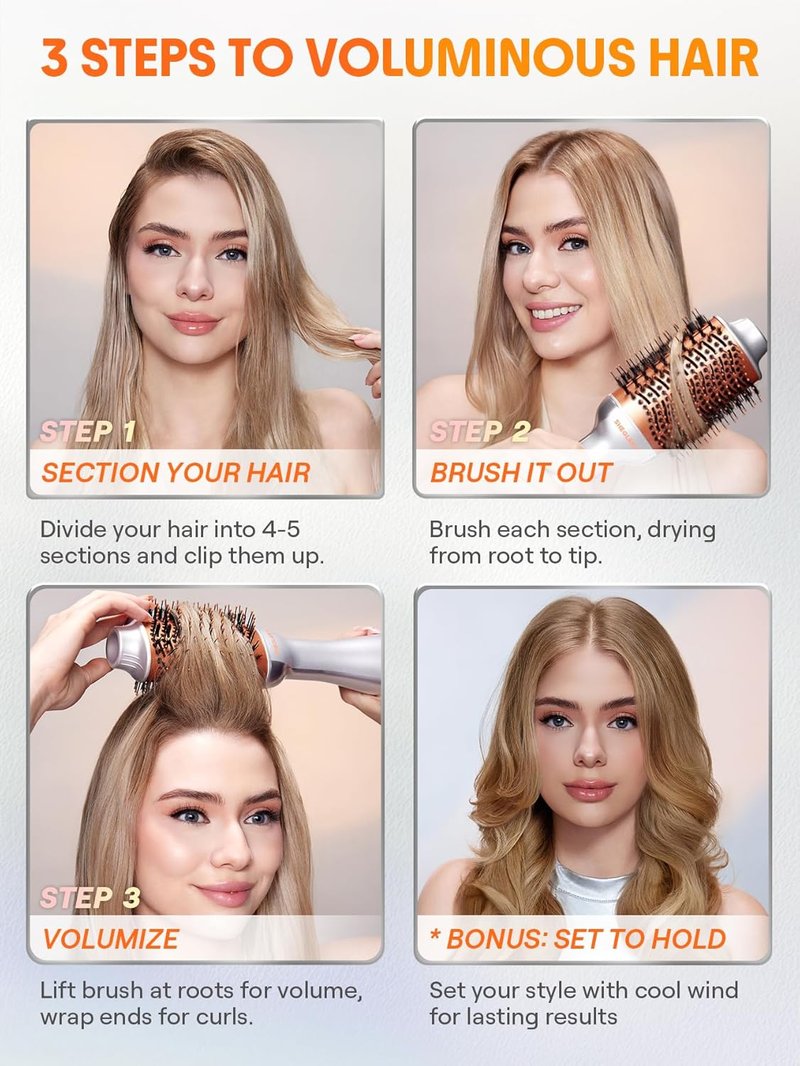 4-in-1 Hot Air Brush | Hair Dryer & Styler with 33000 RPM Motor, Ionic Bristles for Frizz-Free Blowouts, 3 Heat Settings