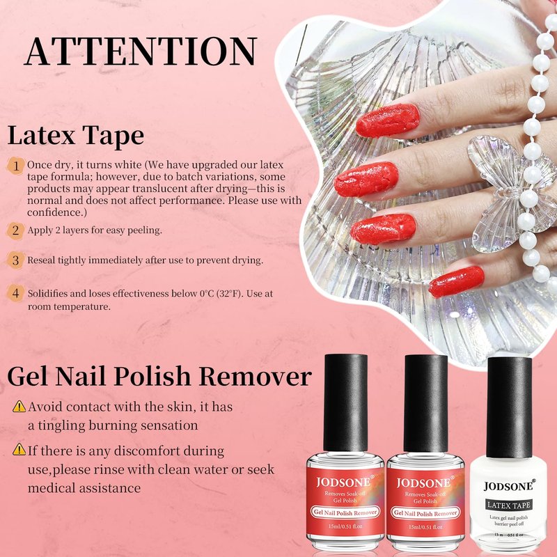 JODSONE Gel Nail Polish Remover Kit 2Pcs Gel Remover 1Pc Latex Tape Liquid Professional Soak Off Gel Nail Removal Set for Nail Art Manicure Pedicure at Home Includes Sanding Strips and Steel Pushers