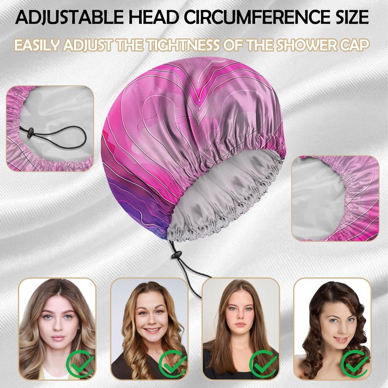 Deokke 2 PCS Shower Cap Reusable Waterproof Adjustable Double Layer Elastic Dry Hair Bathing Caps Aesthetic Cute for Women Girls-Heart Flower