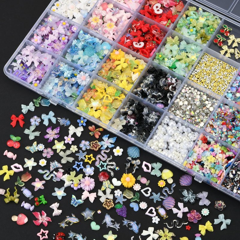 OPMADM 9000 Pcs 3D Nail Charms and Gems Bulk Y2k Cute Charms for Nails Design Kit 110 Styles Colorful Rhinestones Bows Butterfly Flower Star Beads Pearls Bubble