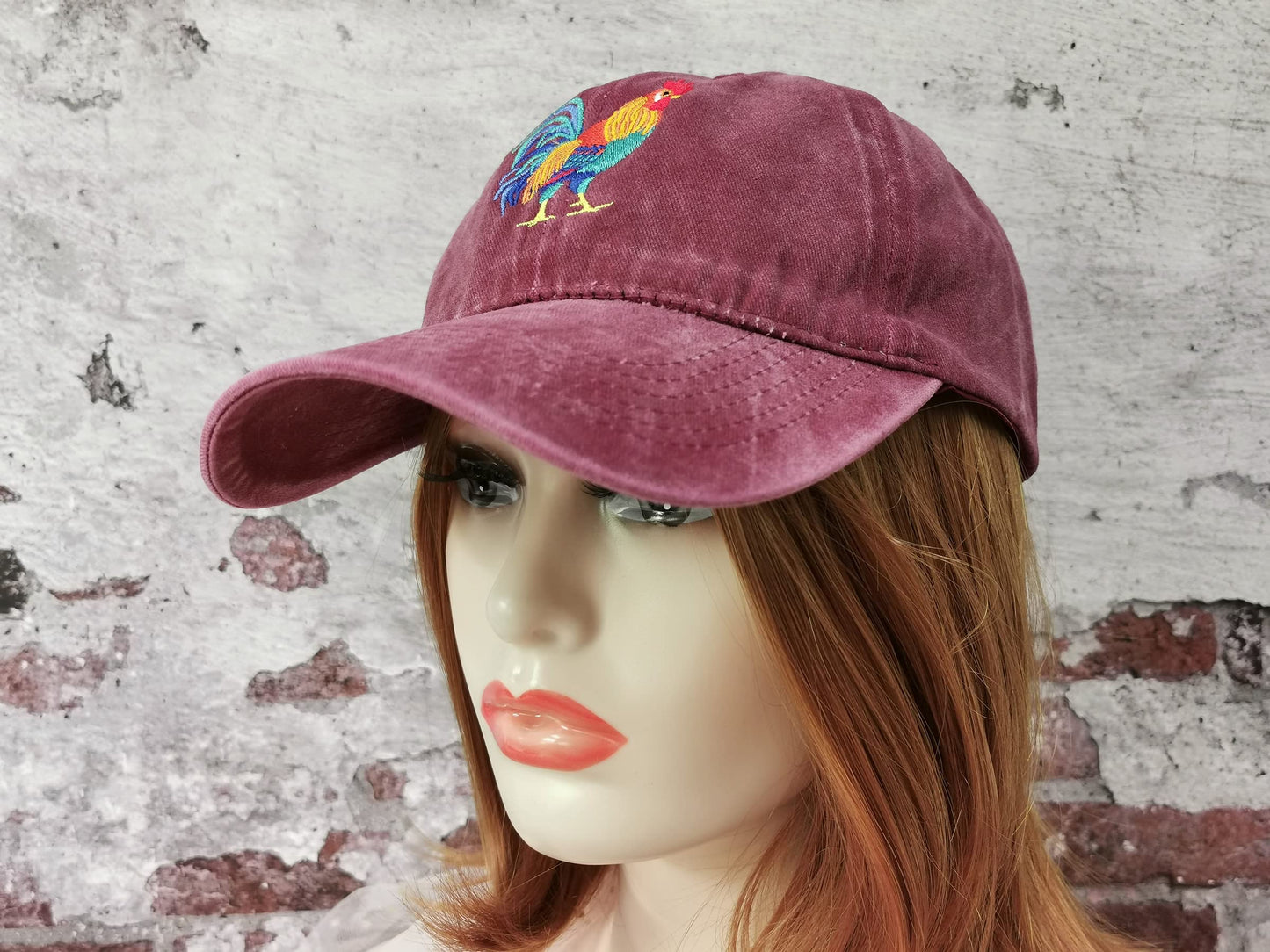 Hepandy Embroidered Rooster Hat, Washed Burgundy Trucker Hat, Adjustable Baseball Cap Cotton Embroidery Dad Hat, Gifts for Men and Women
