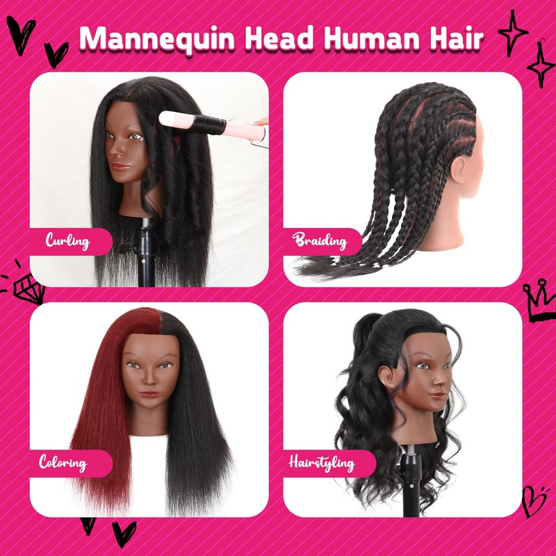 Mannequin Head with Human Hair 16" Cosmetology Manikin Doll Head 100% Real Human Hair for Styling Hairdresser Practice Braiding with Free Clamp Holder
