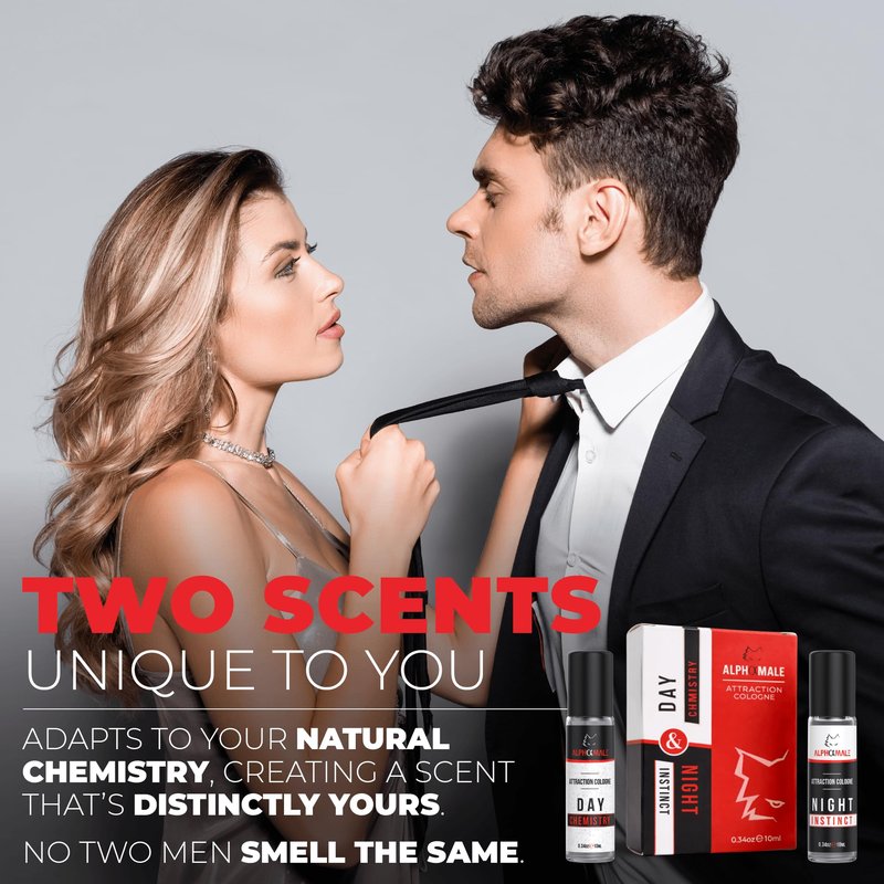 AlphaMale Day and Night Pheromone Infused Cologne for Men 2 Pack – Fresh Day & Musk Leather Night Fragrance – Pheromone Fragrance Roll-On – Long Lasting Scent – Travel Size 0.34 Oz Each