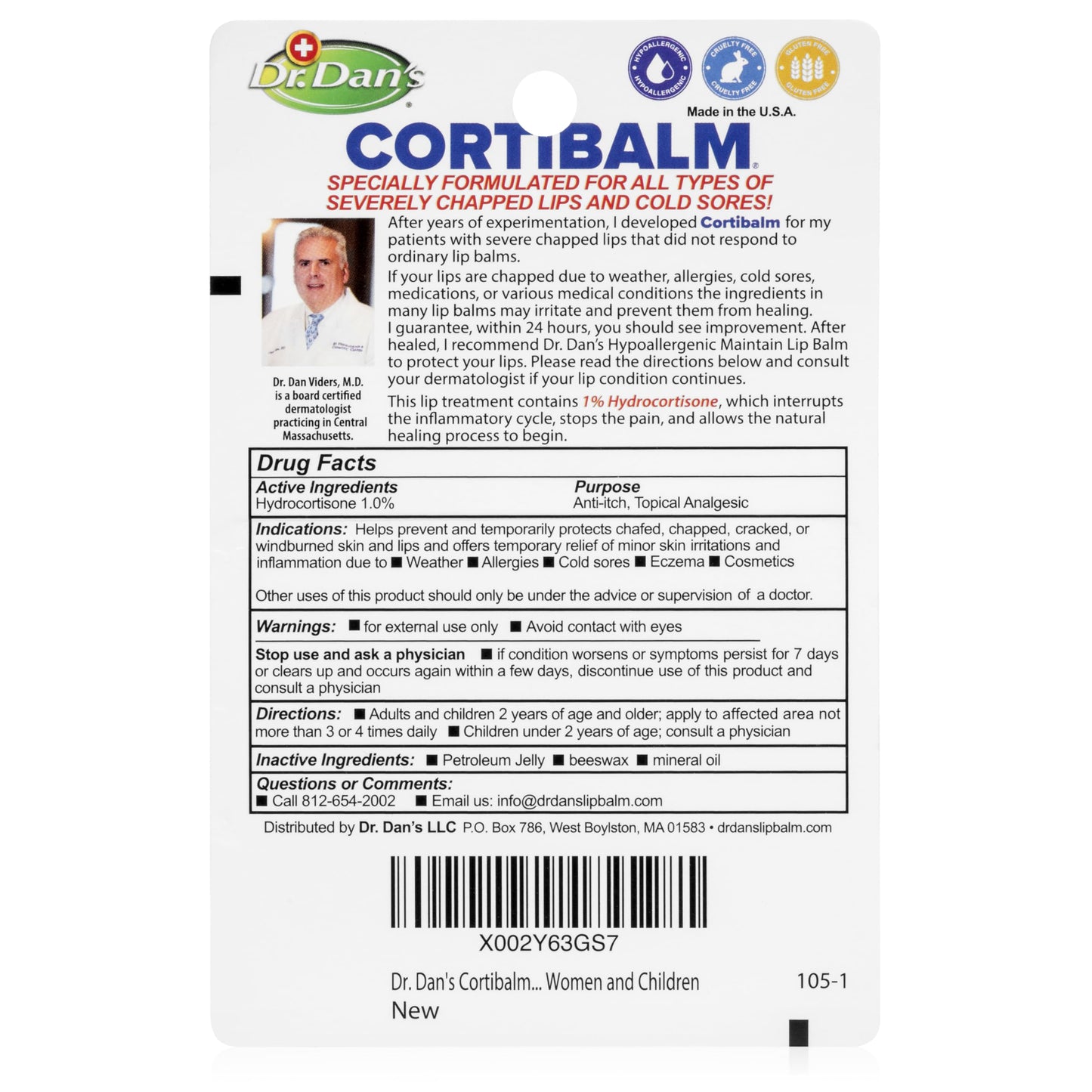 Dr. Dan's Cortibalm-1 pack- for Dry Cracked Lips - Healing Lip Balm for Severely Chapped Lips - Designed for Men, Women and Children
