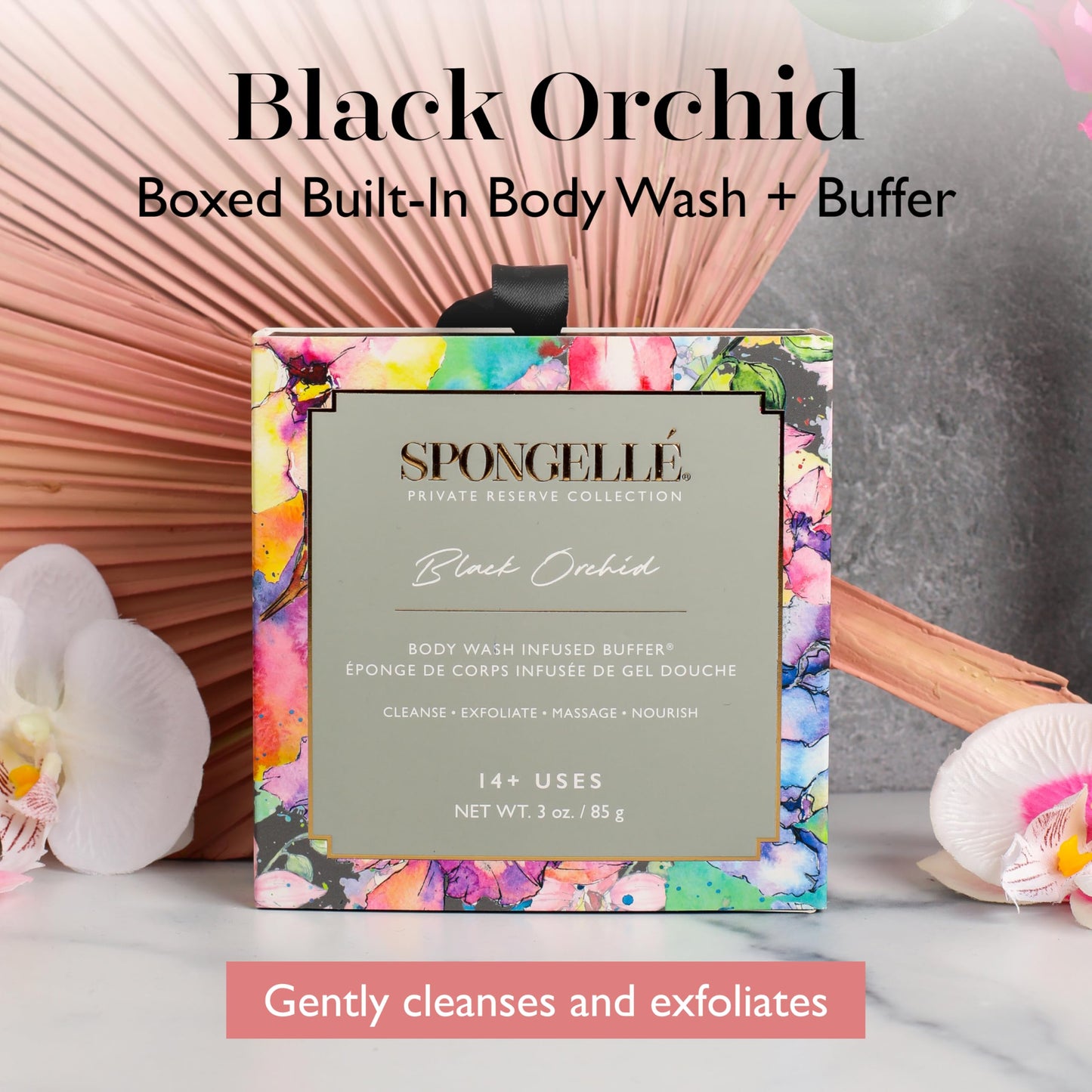 Spongellé Black Orchid Wild Flower Bath Sponge with Box for Mothers Day Gift | Built-in Body Wash & Body Scrubber, Shower Loofah Sponge for Women | 14+ uses