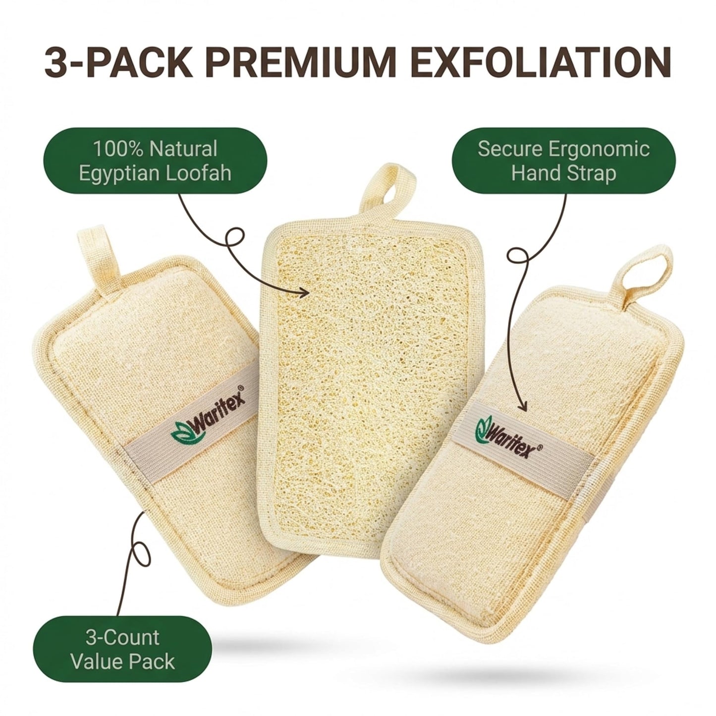 Waritex Egyptian Loofah Rectangular Exfoliating Body Scrubbers [3 Pack ] - Egyptian Loofah Fiber Bath Pads with Hand Strap for Gentle Skin Exfoliation, Deep Clean, Shower Use for Men and Women