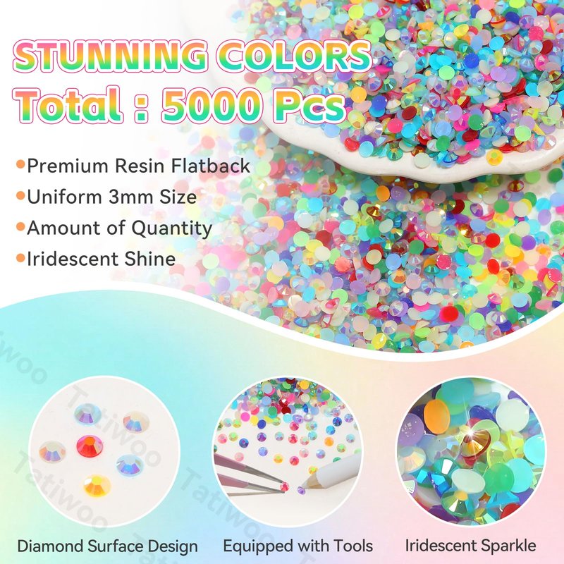 5000Pcs 3mm Rhinestones Bedazzling Kit with Tools, Color Jelly Resin Rhinestones for Bedazzling, Flatback Resin Gems for Crafts, Bedazzler Kit for Clothing Shoes DIY Face Makeup Tumblers