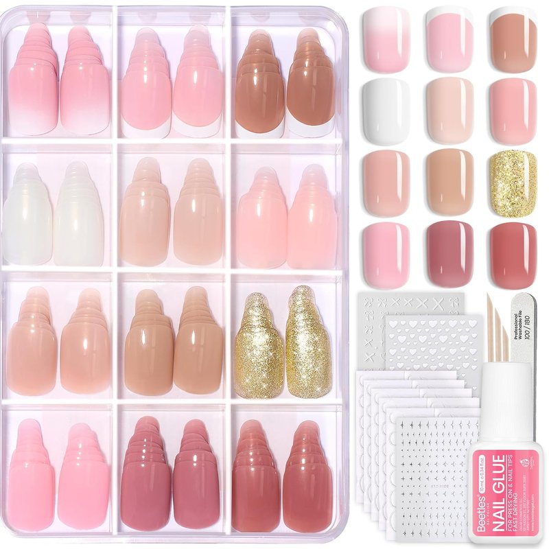 Beetles Press On Nails Kit - Caramel Drift | 360 Pcs Short Square Nails in 12 Colors | French Glossy Glitter with Glue & Tabs for Women