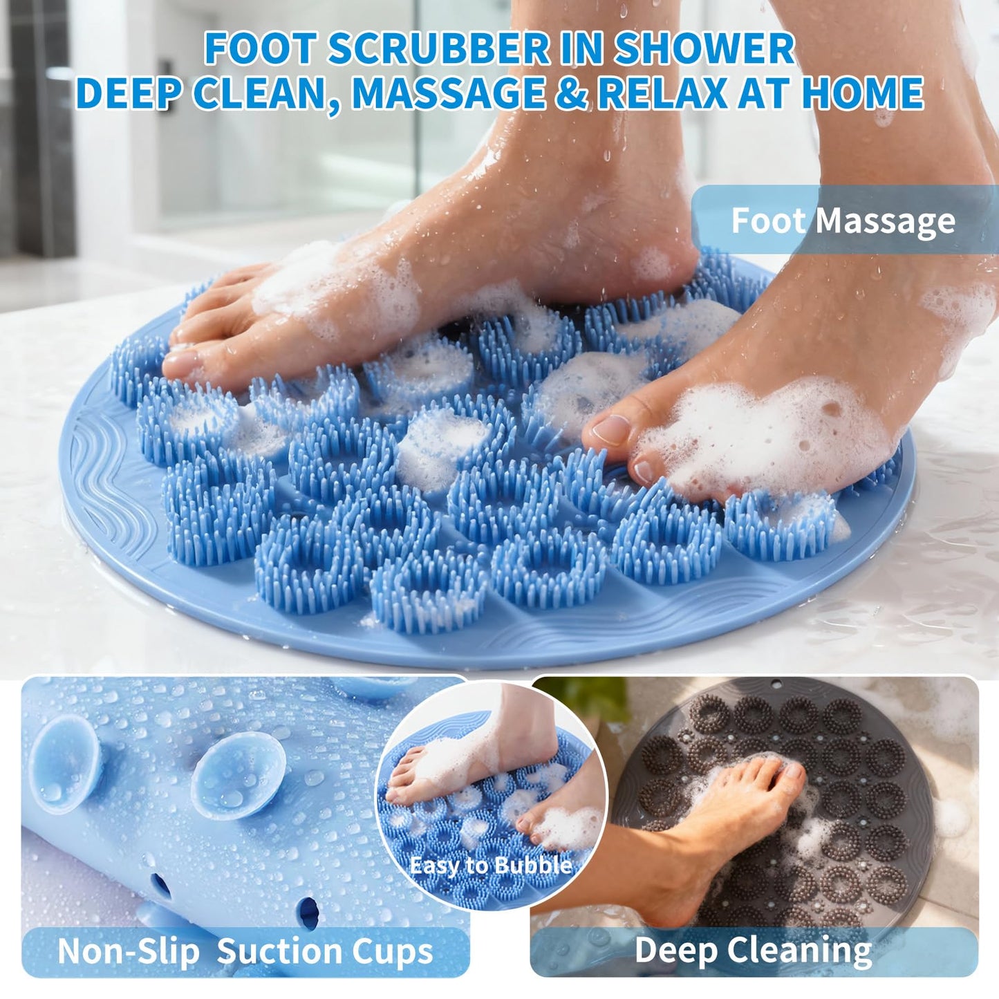 Merleu Shower Foot Scrubber Mat & Silicone Back Scrubber with Soft Silicone Bristles,Quick Drying Foot Scrubber in Shower,Deep-Cleaning Wall Mounted Back Scrubber Bath (Blue)