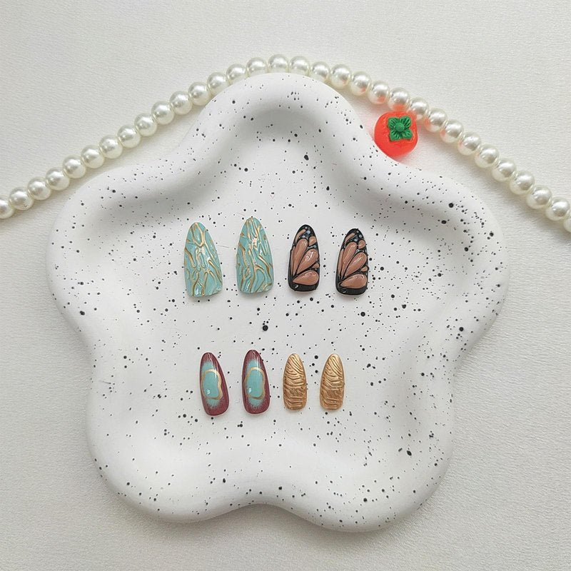 French Tip Press on Nails Medium Almond Fake Nails with 3D Butterfly Lines Designs Green Nails Press ons Gold Acrylic Nails for Women 24Pcs