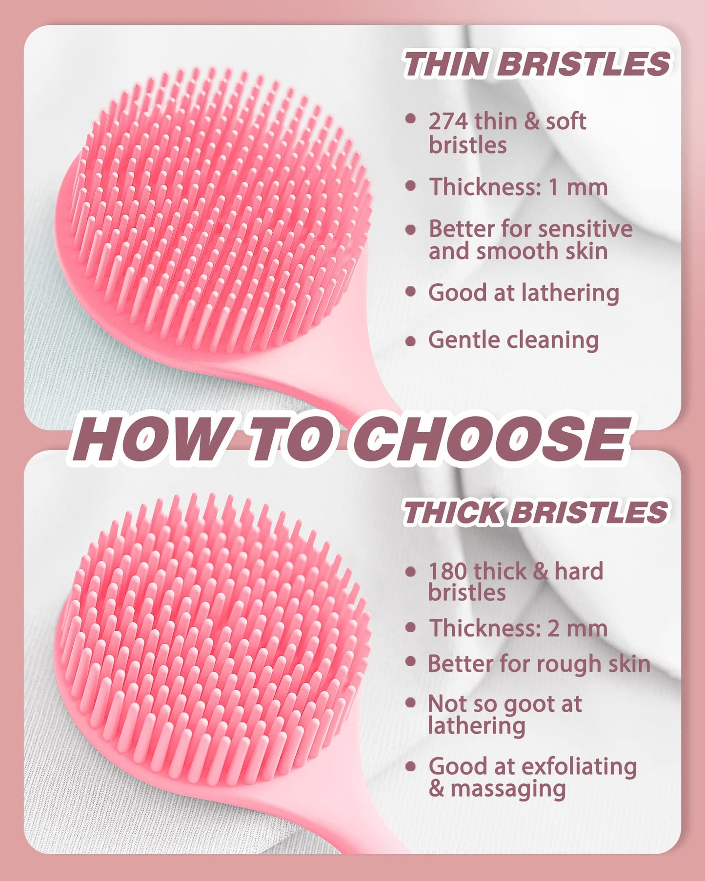 Manmihealth Silicone Back Scrubber& Soft Bath Glove Set, Super-Exfoliating Body Scrubber & Super-Lathering Shower Brush Combination, with a Free Hook.(Thin Bristles Pink)