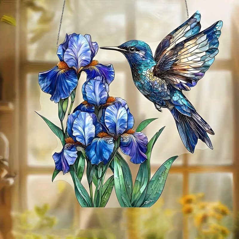 Acrylic Hummingbird and Irises Suncatcher - 7.08 Inch Stained Glass Style Window Decor | Indoor/Outdoor Garden Ornament