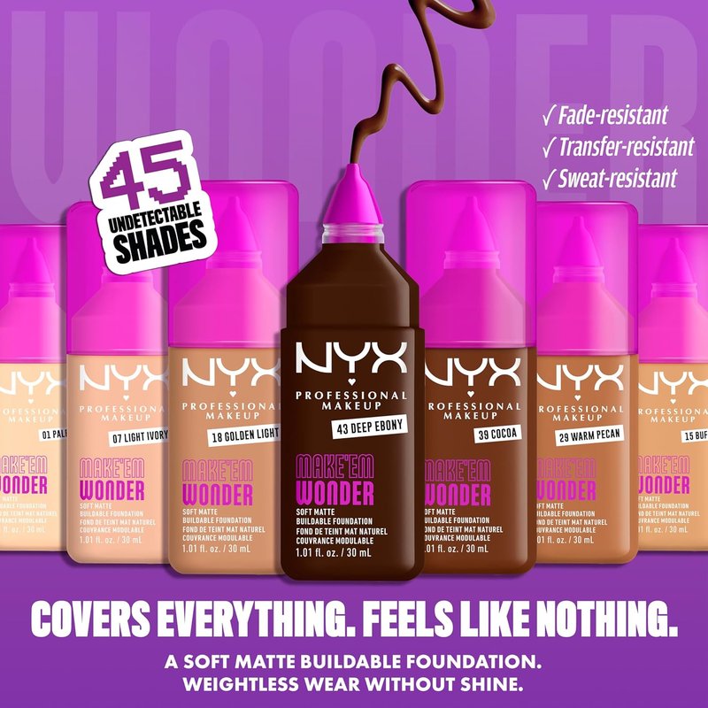 NYX PROFESSIONAL MAKEUP Make 'Em Wonder Liquid Foundation, 24HR Foundation Makeup With A Soft Matte Finish, Buildable Full Coverage - 06 Light