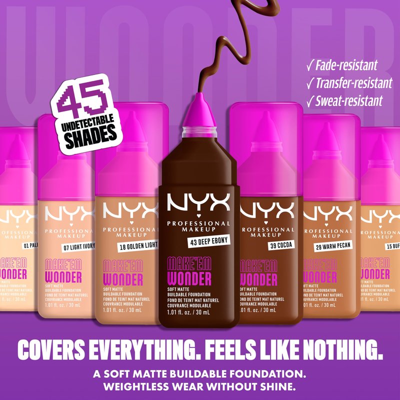 NYX PROFESSIONAL MAKEUP Make 'Em Wonder Liquid Foundation, 24HR Foundation Makeup With A Soft Matte Finish, Buildable Full Coverage - 08 Vanilla