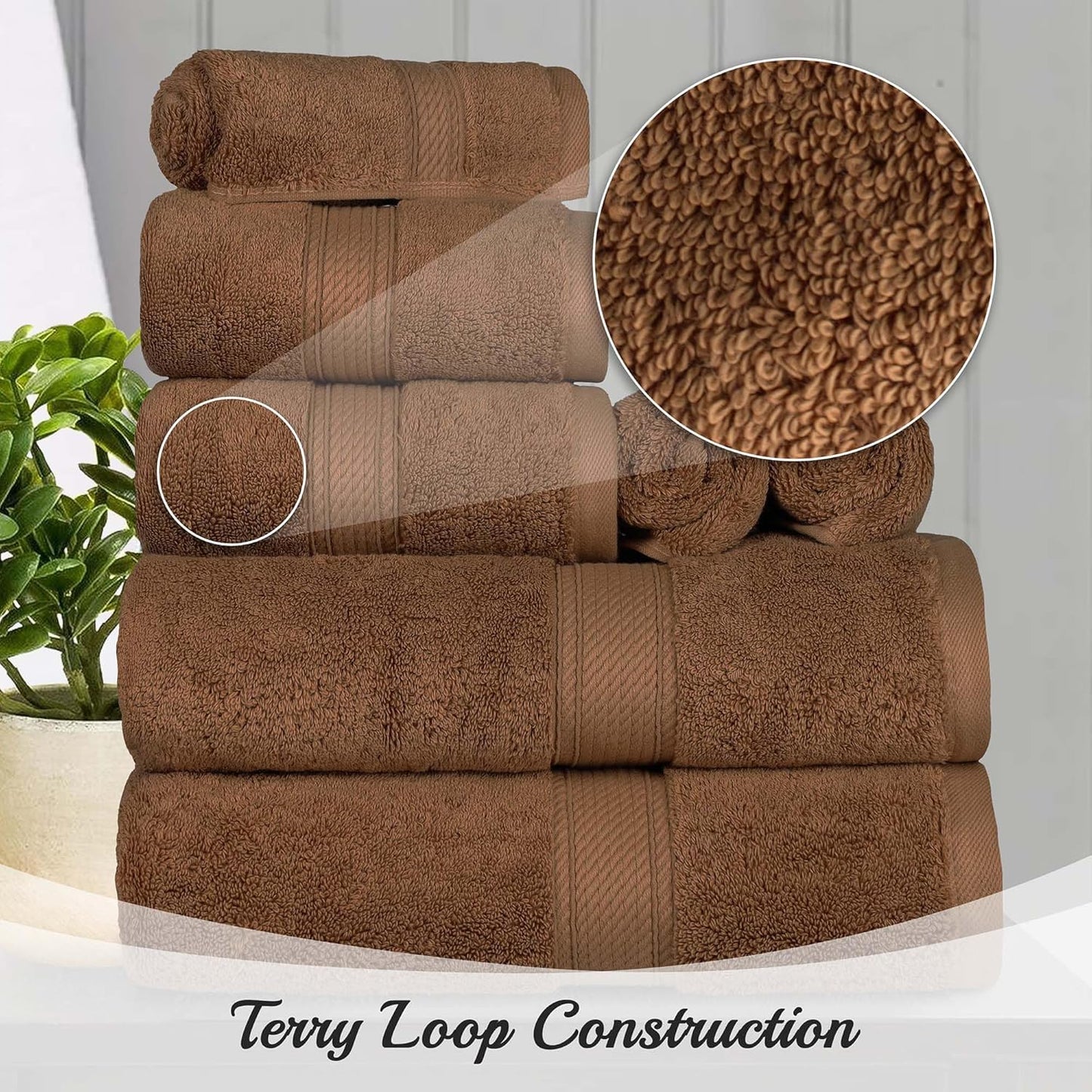 Superior Egyptian Cotton Pile 10 Piece Towel Set, Includes 2 Bath, 4 Hand, 4 Face Towels/ Washcloths, Ultra Soft Luxury Towels, Thick Plush Essentials, Guest Bath, Spa, Hotel Bathroom, Chocolate