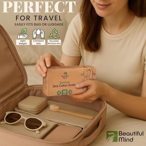 Natural Bamboo Cotton Swabs for Ears – 500 Pack – Qtips with Carbonized Bamboo for Durability – Eco-Friendly, Biodegradable & Vegan – 100% Cotton Ear Swabs Organic for Makeup (Drawer Box)