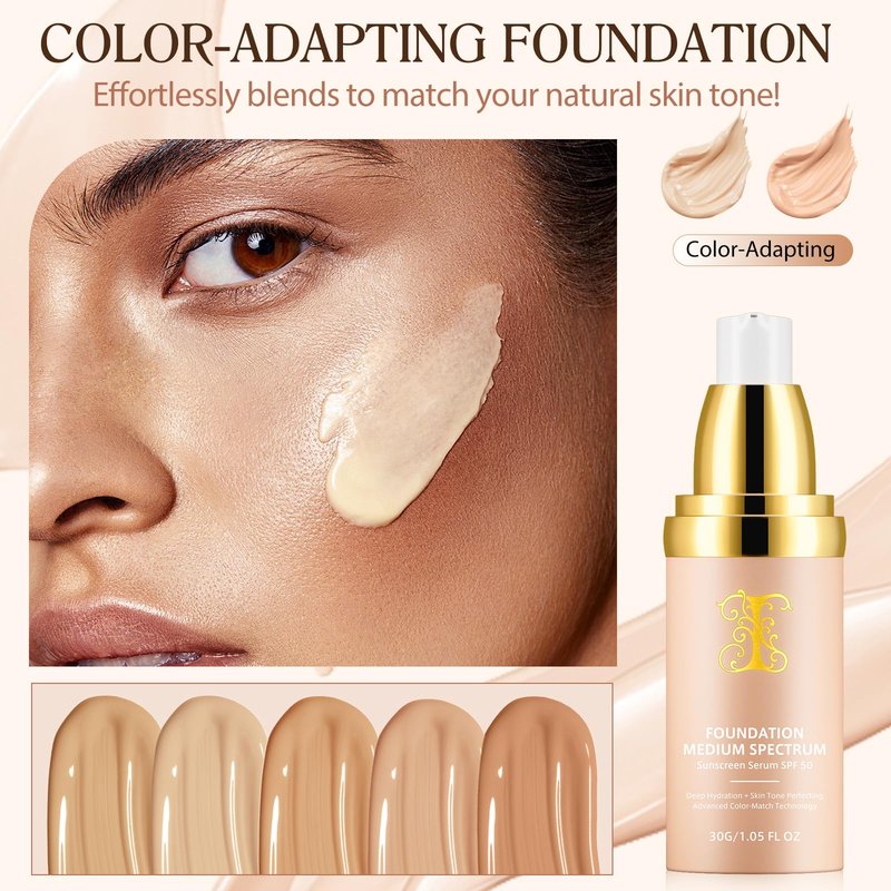 Colour Changing Foundation Liquid 4 in 1, Foundation for Older Women, Hydrating Longwearing & Waterproof Concealer, SPF 50+ Makeup Base Nude Face, Foundation Medium Spectrum for all Skin